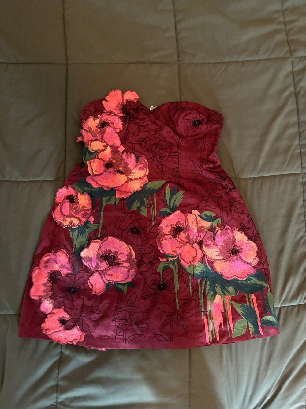 Anthropologie Strapless Mini Dress in Burgundy with Pink Floral Embroidery